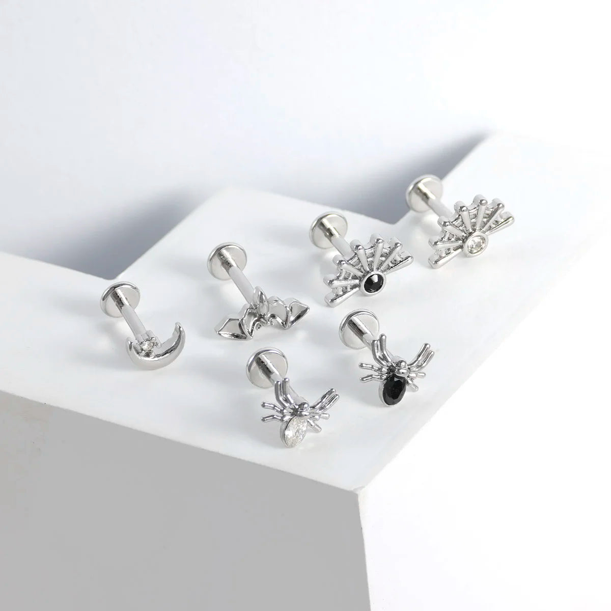 1pc Stainless Steel Rhinestone Lip Stud Crescent Pendant Cross Spider Fan Cartilage flat back Ear Stud Tragus Piercing Earrings