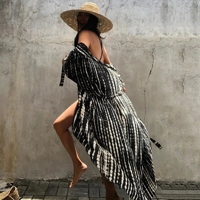 Women's Beach Cover Ups Open Front Tie Dye Maxi Cardigan Kimono Swimsuit with Belts Bathing Suit