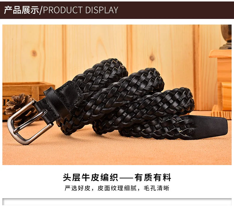 2023 Women Casual Luxury New Style Width 2.5cm  Woven Belt Needle Buckle Real Leather Head Layer Cowhide Handmade Decorative