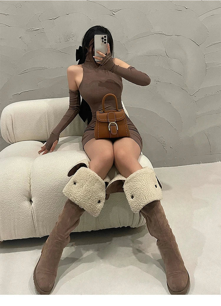 Summer Sexy High Neck Tight Dress Oversleeve Pleated Bottom Wrapped Hip Dress Women Bodycon Viralgem Store