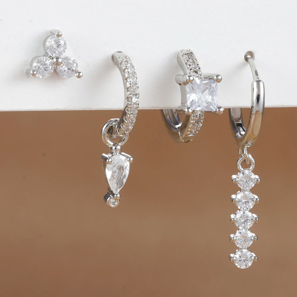 4PCS Simple Crystal Zirconia Square Dangle Earrings Set For Women Korean Stainless Steel Pendant Stud Earring Piercing Jewelry Viralgem Store