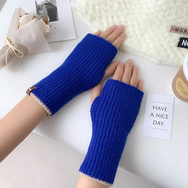 Warm Half Finger Knitted Gloves Autumn and Winter Fingerless Deer Cashmere Gloves Women Mittens Thumb Hole Short Gloves
