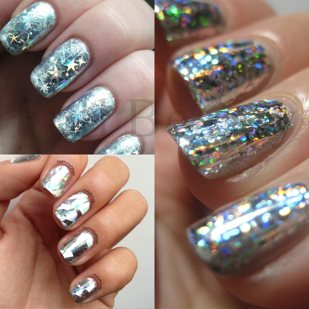 10Pcs Hologram Transfer Foil Nails Laser Stars Holographic Nail Stickers Mermaid Tail Sliders Metallic Gel Polish Wraps NLXKY01