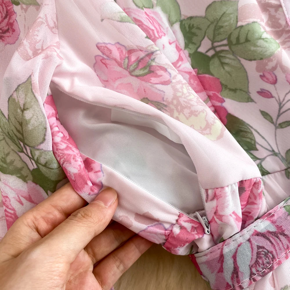 Spring Autumn Women Floral Chiffon Long Dress Vintage Purple/Pink/Black/Beige Stand Collar Single Breasted Maxi Robe Elegant New Viralgem Store