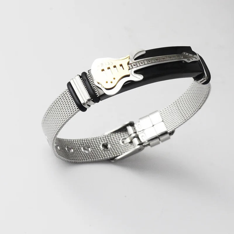 10mm Stainless Steel Guitar Bracelets Fashion Men's Bend Tag Adjustable Mesh Band Bangles Couple Music Party Jewelry Gift Viralgem Store