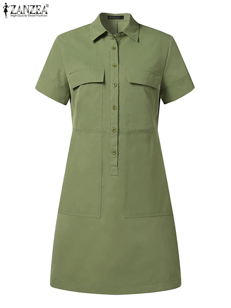ZANZEA Women Summer Cargo Dress Fashion Solid Shirt Vestidos Vintage Loose OL Work Sundress Green Elegant Holiday Dresses Kaftan Viralgem Store