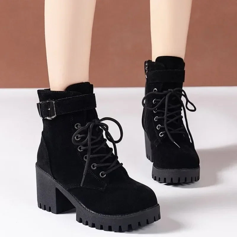2024 New Winter  High Heeled Women Boots Cross Straps Short Boots Comfortable Waterproof Boots Warm Plus Size 42 Botas Femininas Viralgem Store