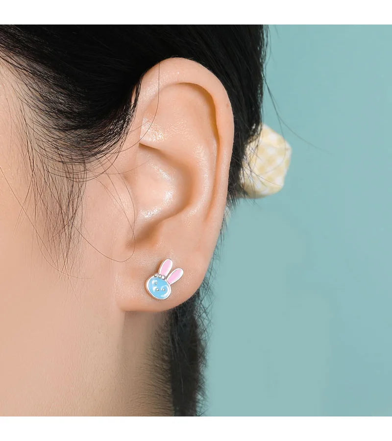 TrustDavis Real 925 Sterling Silver Cute Glaze Animal Rabbit Charm Stud Earrings For Daughter Girls Birthday Gift Jewelry DK024