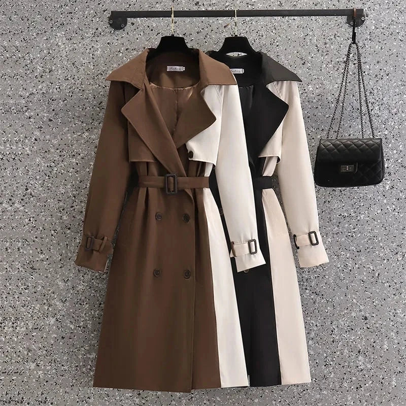 2024 Autumn Korean Mid-length Trench Coat Women Fashion Contrast Color Patchwork Spring Windbreaker Coat Female Windproof Jacket Viralgem Store