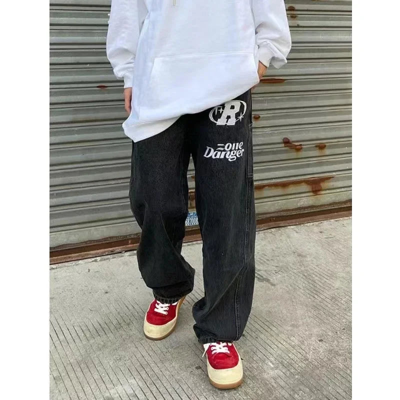 Y2K Women Fashion Streetwear Casual Letter Print Straight Wide Leg Pants Baggy Denim Trousers Men Low Rise Jeans Clothes