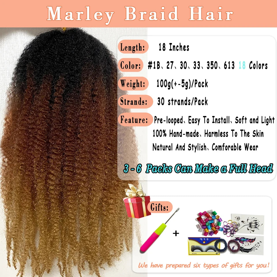 18 Inch 1-6 Packs Marley Twist Crochet Hair Black Brown to Blonde Synthetic Afro Marley Ombre Braiding Hair for Faux Locs Braids