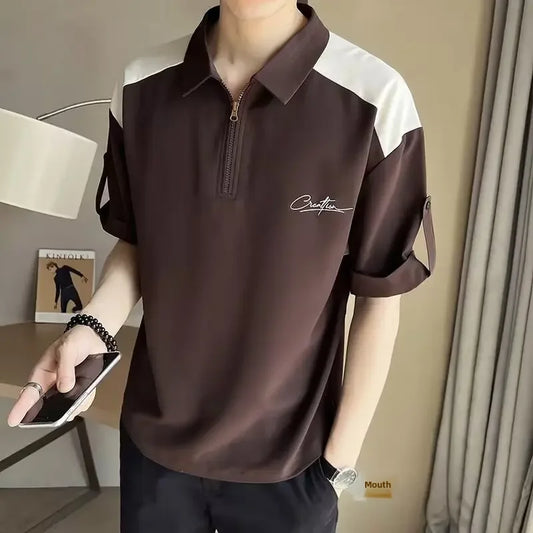 2024 New Versatile Men's Polo Shirt Trendy Brand Summer T-shirt Loose Fit Slimming Effect Korean Style Casual Top Lapel Sleeves