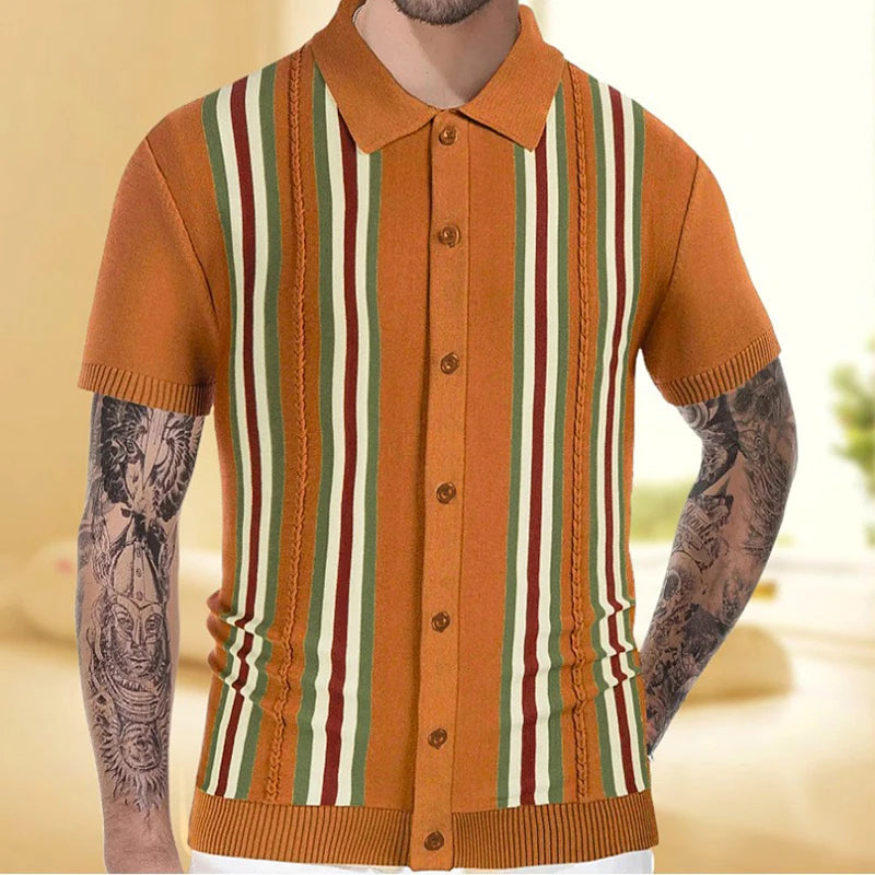 Summer Men's Luxury Knitted Striped Shirt Fashion Short Sleeve Button-down Shirts for Men Vintage Business Leisure Knitwear Viralgem Store