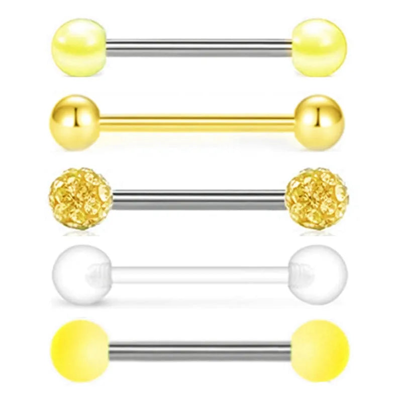5PCS Acrylic Tongue Piercing Barbell Set Stainless Steel Glitter Tongue Rings Lot 14G Nipple Piercing Bar Bulk Piercing Langue
