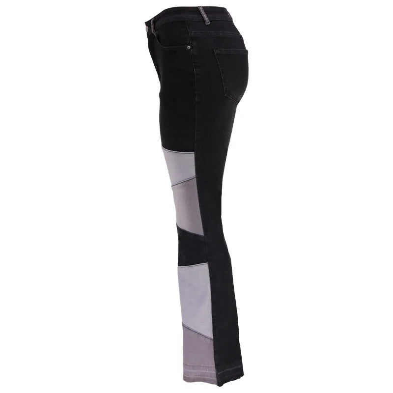 Women Flare Jeans Casual Pants Pannelled Collision Fashional High Waist Fit Female High Quality 91Y35