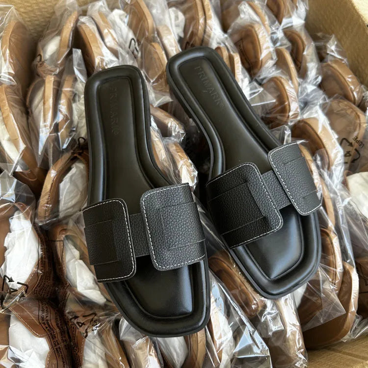 2024 Women Modern Slippers Summer Outdoors Comfortable Flat Slippers Luxury Leather Slippers Casual Slides Shoes Females Sandals