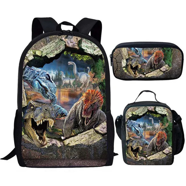 3pcs/Set Backpack Harajuku Dinosaur 3D Print School Student Bookbag Anime Laptop Daypack Lunch Bag Pencil Case