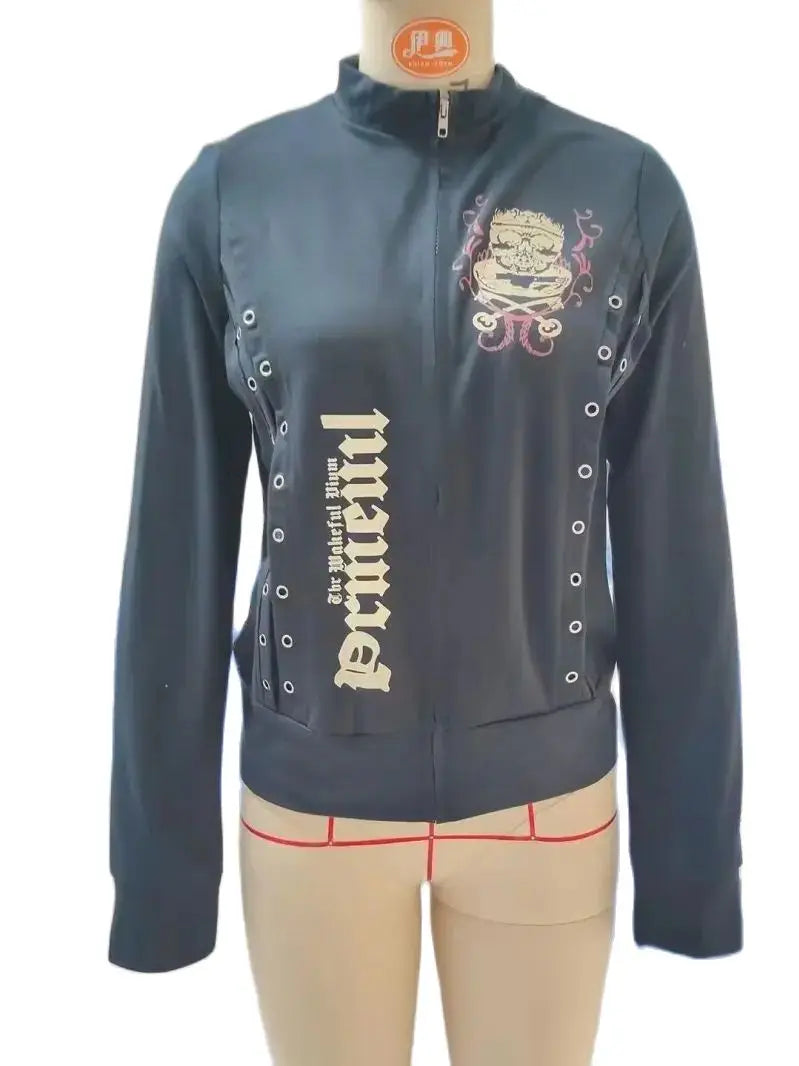 Women Fashion Skull and Letter Print Hoodies y2k Side Tie Up Coats Casual Long Sleeve Zip Up Hoodies Black Basic Slim Sweatshirt