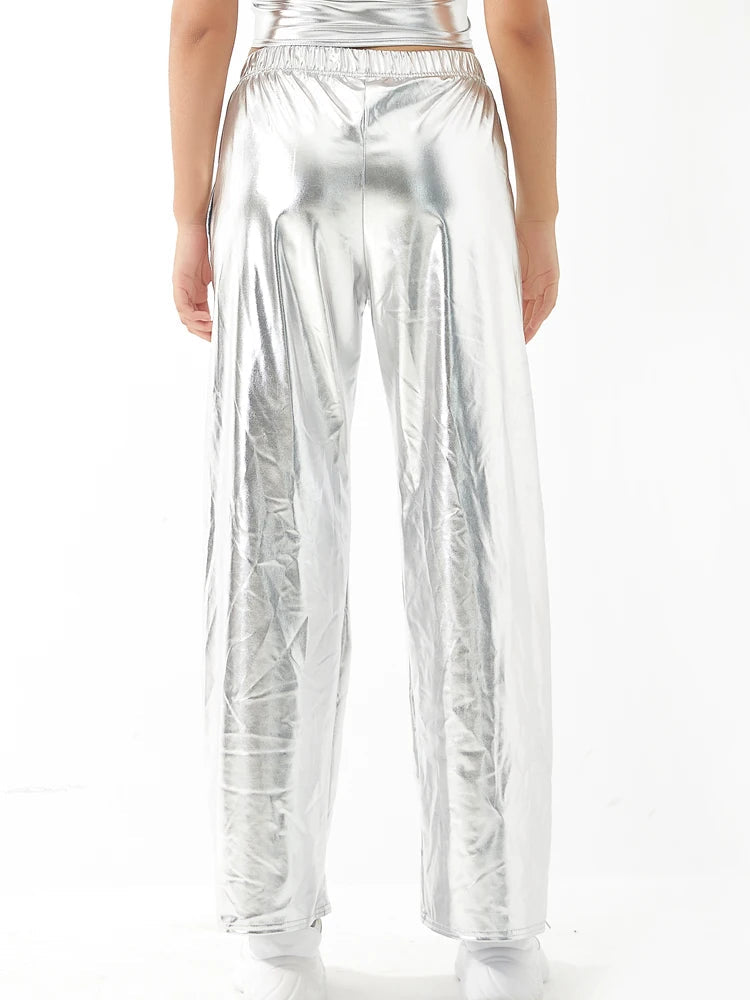 Women Adult Shiny Straight Leg Pants Casual High Waist Metallic Pants Super Long Holographic Pants Disco Bottoms Viralgem Store