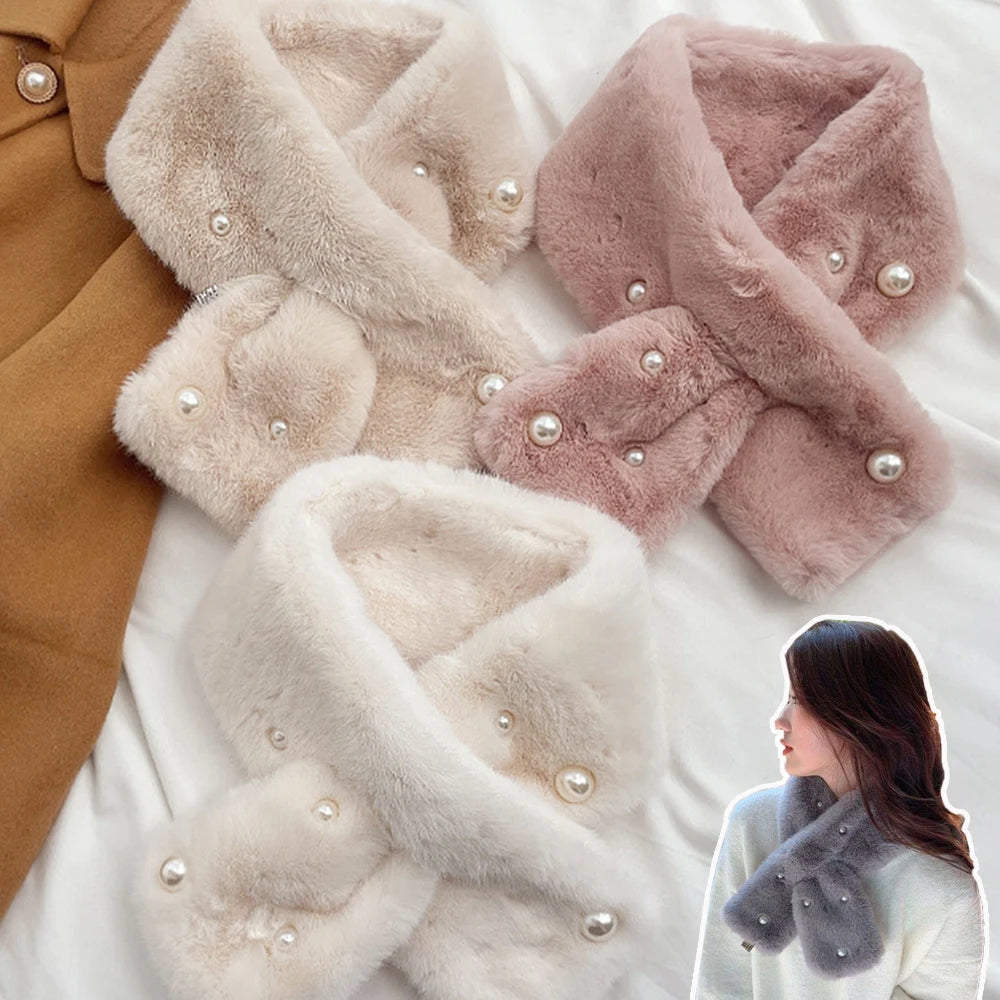 2023 Pearl Faux Rabbit Fur Scarf Women Cute Neck Warmer Winter Warm Soft Furry Scarves Outdoor Windproof Cross Scarf Collar New