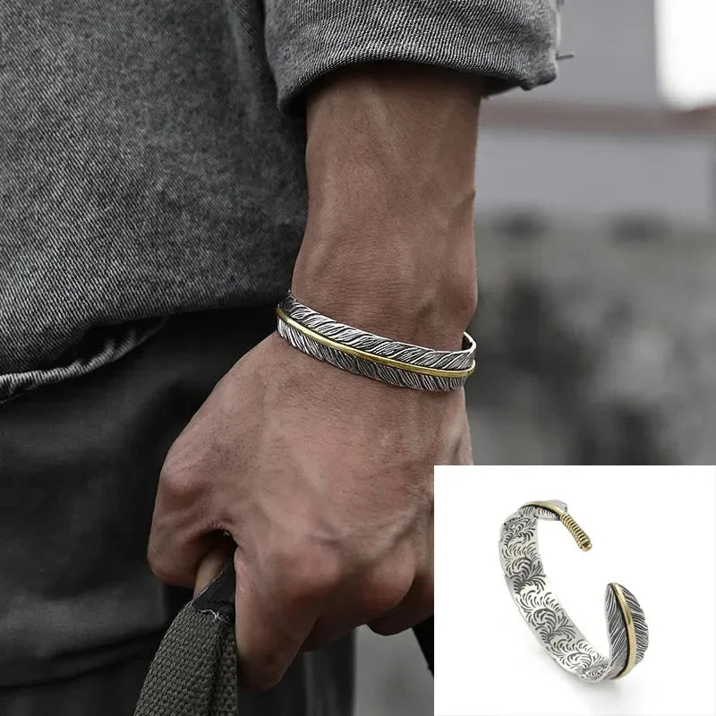 Stylish Geometric Oval Pattern Personalized Men's Open Bracelet Fashion Retro Wide Hand Jewelry Party Gift