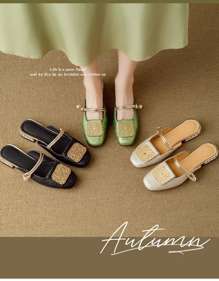 2024 Summer Elegant Sandals Women New Rhinestones Fashion Dress Half Slippers Baotou Women's Temperament Chinese Style Slippers