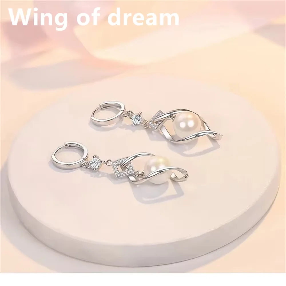 925 Sterling Silver Crystal Zirconia Natural Pearl Earrings, Women's Fashion Gorgeous Wedding Engagement Party Jewelry