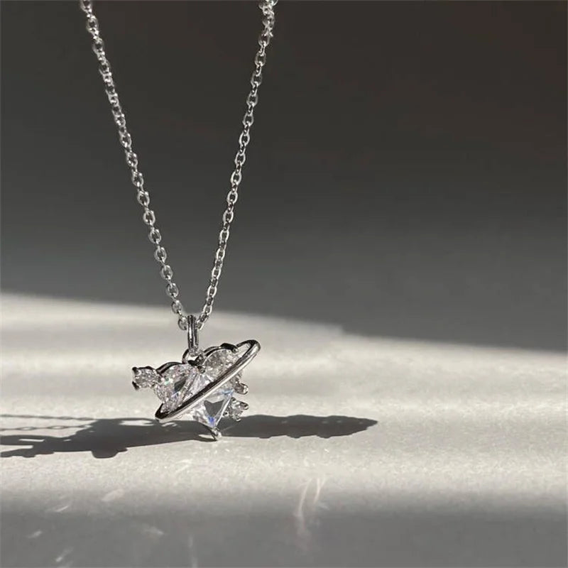 Y2K Pink Planet Heart Zircon Pendant Necklaces Women Fashion Aesthetic Clavicle Chain Necklace Valentines Day Gift Party Jewelry Viralgem Store