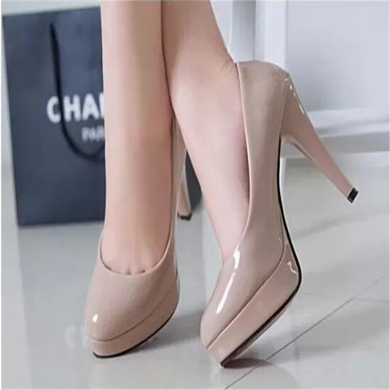 Women Pumps Fashion Classic Patent Leather High Heels Shoes Nud Head Paltform Wedding Women Dress Shoes Plus Size 34-42