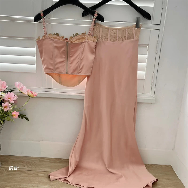 Women's Pink Skirt Sets Vintage Long Skirt Off Shoulder Lace Crop Top Y2k Korean Elegant 2000s New Matching Sets Clothes Summer