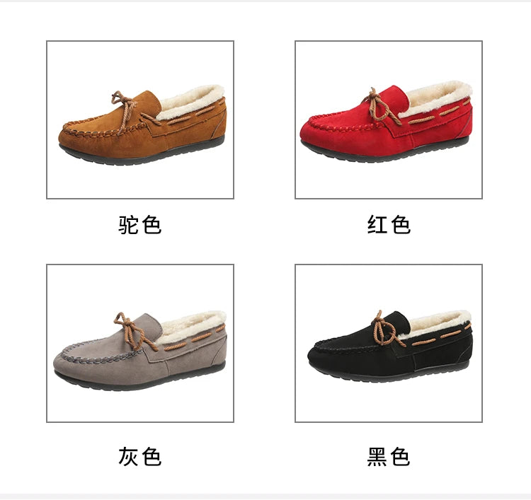 2023 autumn and winter new Doudou shoes women plus cashmere warm bow Korean version of casual shallow mouth flat lazy cotton sho