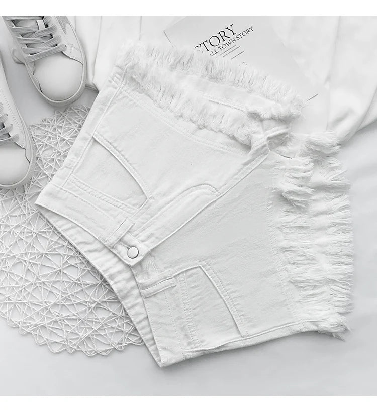 White Denim Shorts Women New High-Waist Ripped Fringed Burr Hot Pants 2023 Summer Loose Wide-Leg Korean Style Short Femme