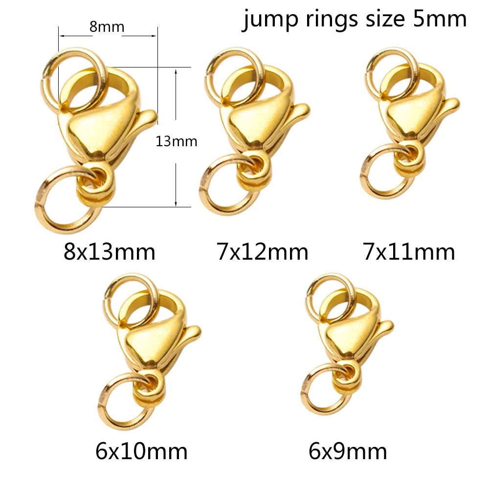 20-40pcs Gold Stainless Steel Lobster Clasps Hooks Connectors Jump Rings For Bracelet Necklace Chain DIY Jewelry Making Findings