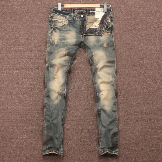 2023 Autumn and Winter New Fashion Vintage Ripped Solid Color Small Foot Pants Men's Casual Comfort High Quality Stretch Jeans