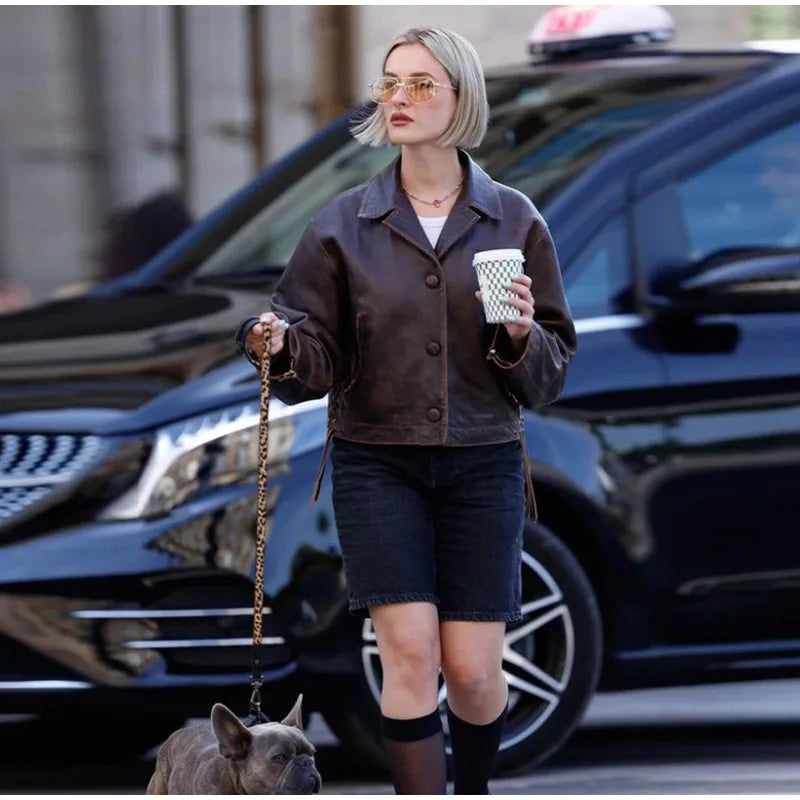 Vintage Cropped Distressed Leather Jacket For Women Chic Lapel Single Breasted Lace Up Coat Autumn Lady New Chic Streetwear 2024