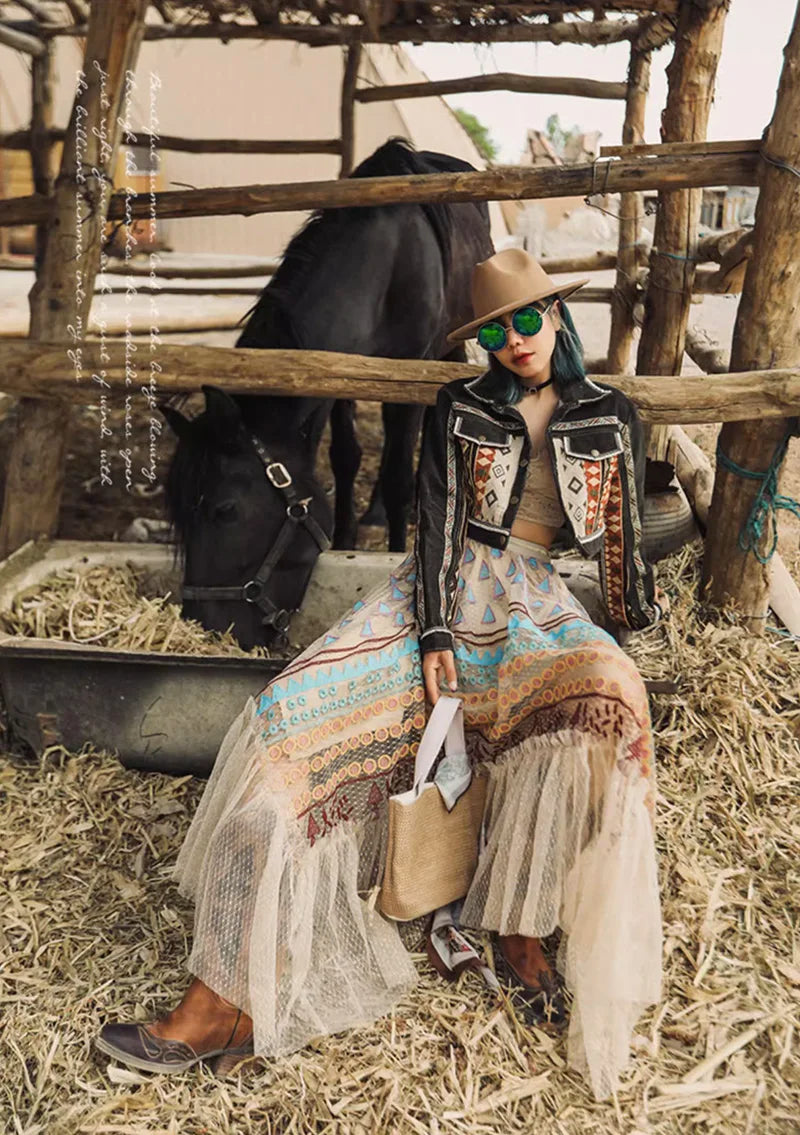 Women‘s Travel Holiday Wear Bohemian Colorful Embroidery Lace Ruffles Skirt Asymmetrical Hem Skirt Female Shiny Gold Mesh Skirts