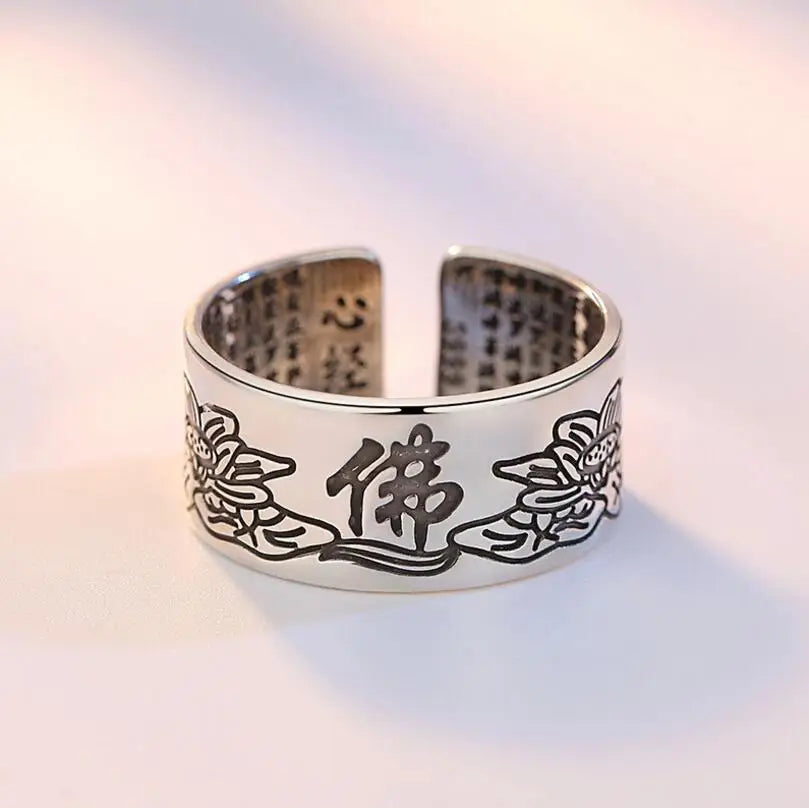 925 Sterling Silver Jewelry Vintage Amulet Buddha Lotus Baltic Buddhist Scriptures Opening Rings For Men Women S-R90