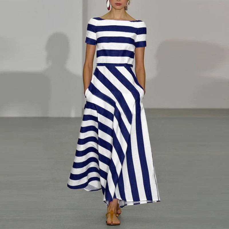 Stripe Maxi Dress VONDA Women Sexy Off Shoulder Printed Sundress 2024 Elegant Casual Loose Short Sleeve Robe Bohemian Vestidos