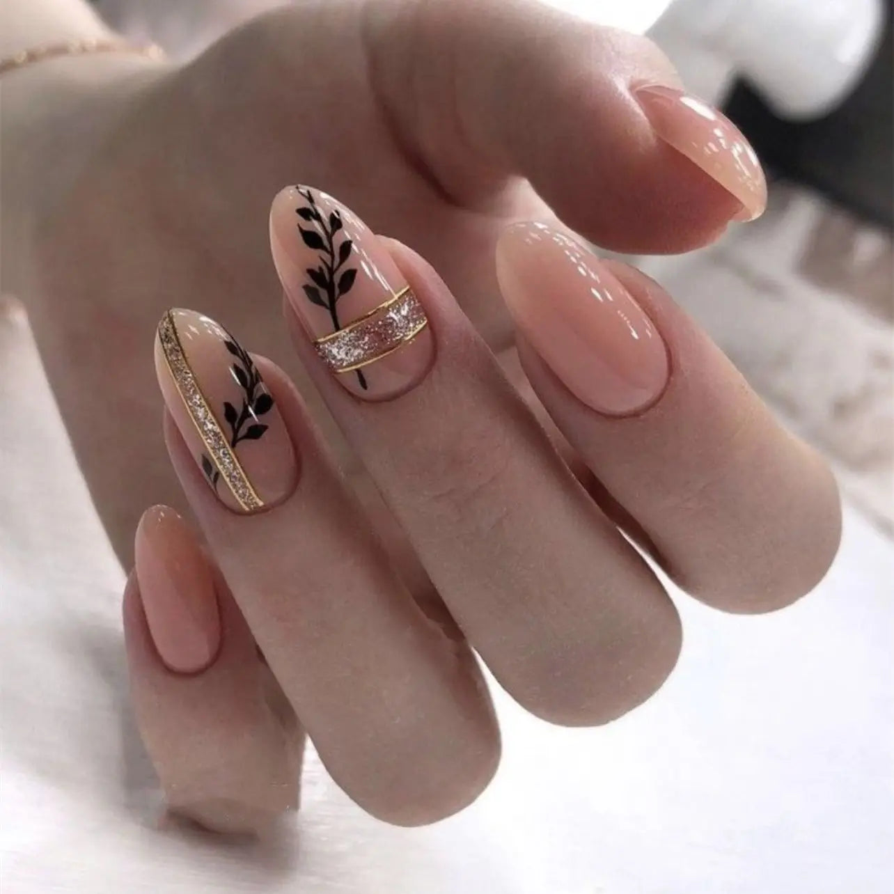 24Pcs Autumn Winter Matte Almond False Nails with Glue Rose Leaf Printing Nail Art Simple Full Cover Press on Acrylic Nails Tips Viralgem Store