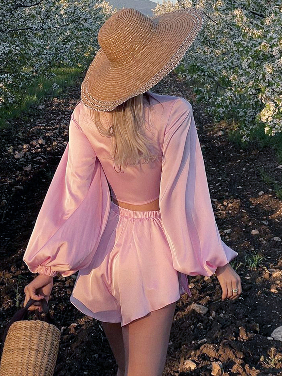 Women s Two Piece Outfits Low Cut Tie Front Pajamas Set Summer Long Sleeve Shorts Loungewear Set Viralgem Store