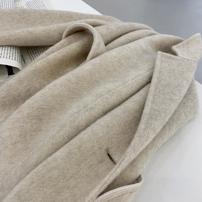 2024 Autumn Winter Wool Coat Women Double-breasted Solid Color Women's Double-sided Woolen Belt Coats Loose Warm Wool Jacket