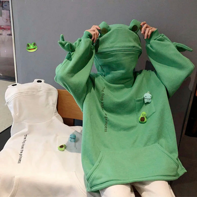 Unisex Frog Zipper Hoodie Fleece Lined Springtime Embroidery oversized Sweatshirt Harajuku Warm Pullover Korean Style Dropship