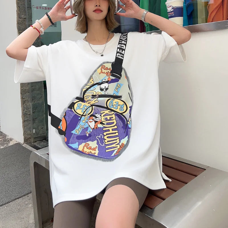 Summer Y2k Clothes New Messenger Bag Printed Pocket Zipper T-shirt Women Europea Style Casual Large Size Couple Casual Tees Tops