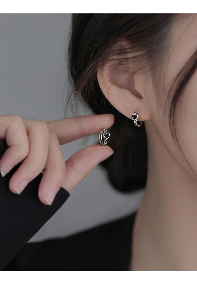 925 Sterling Silver Black Heart hoop Earrings Temperament Simple Inlaid for Women Wedding Jewelry Accessories