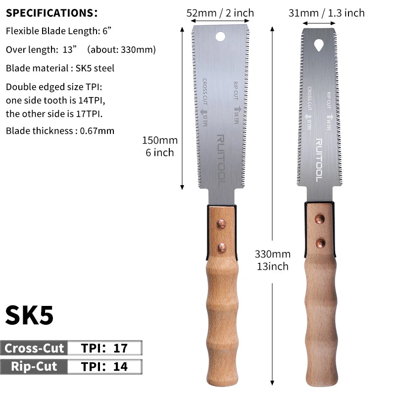 1pc Japanese Saw 6 Inch Double Side Hand Pull Saw 14&17TPI SK-5 Steel Flexible Blade Flush Cut Saw for Woodworking