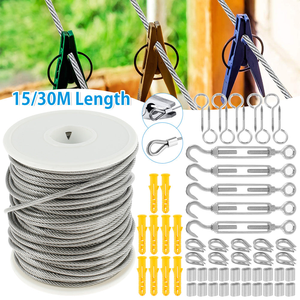 15/30m Cable Guardrail Ropes Awning Install Attachment Set Flexible Wire Soft Stainless Steel Hardware Universal Hoisting Rope