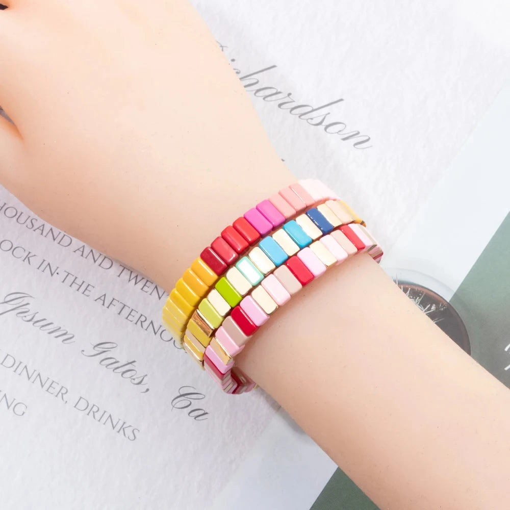 4X8MM Enamel Bracelets Wholesale Colorful Elastic Bangle Handmade Rainbow Beads Jewelry