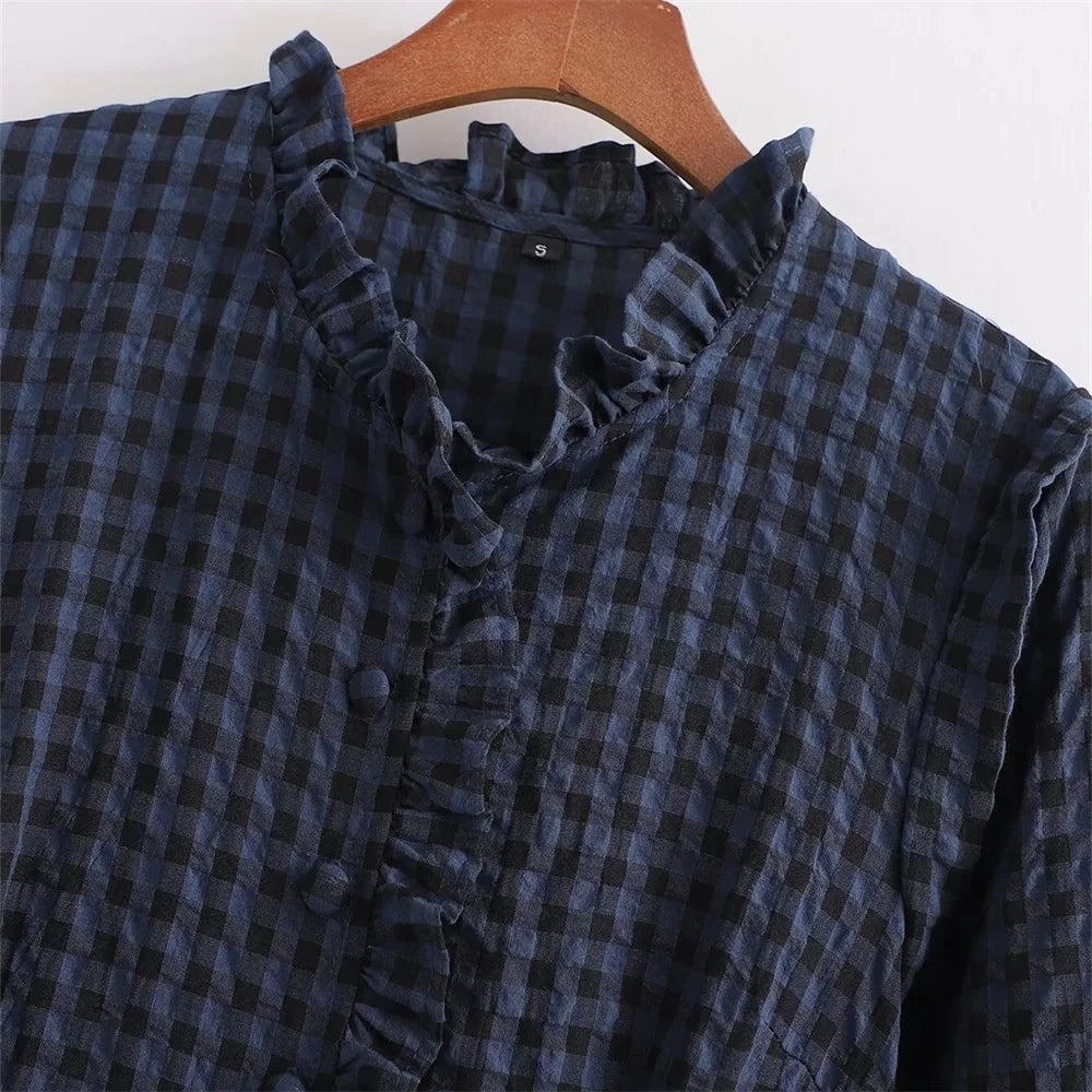 Spring New Product Women's Casual Style Slim Fit Lace Collar Decoration Long sleeved Plaid jumpsuit Viralgem Store