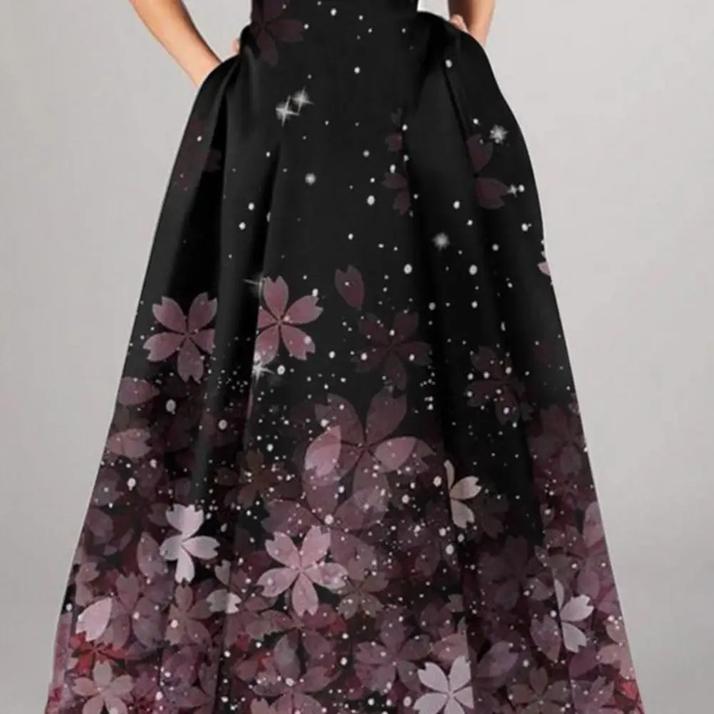 Women High-waisted Long Skirt Flower Printed Skirt for Women Elegant A-line Big Swing Zipper Bohemian Party Prom Maxi Skirt