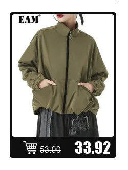 [EAM] Loose Fit Black Denim Big Size Sweatshirt New High Collar Long Sleeve Women Big Size Fashion Spring Autumn 2024 1K166